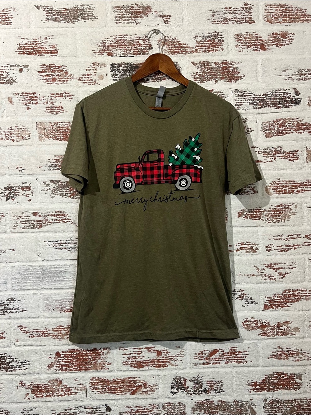 Christmas Truck T-Shirt Next Level Apparel Size Medium Olive Green Graphic Tee